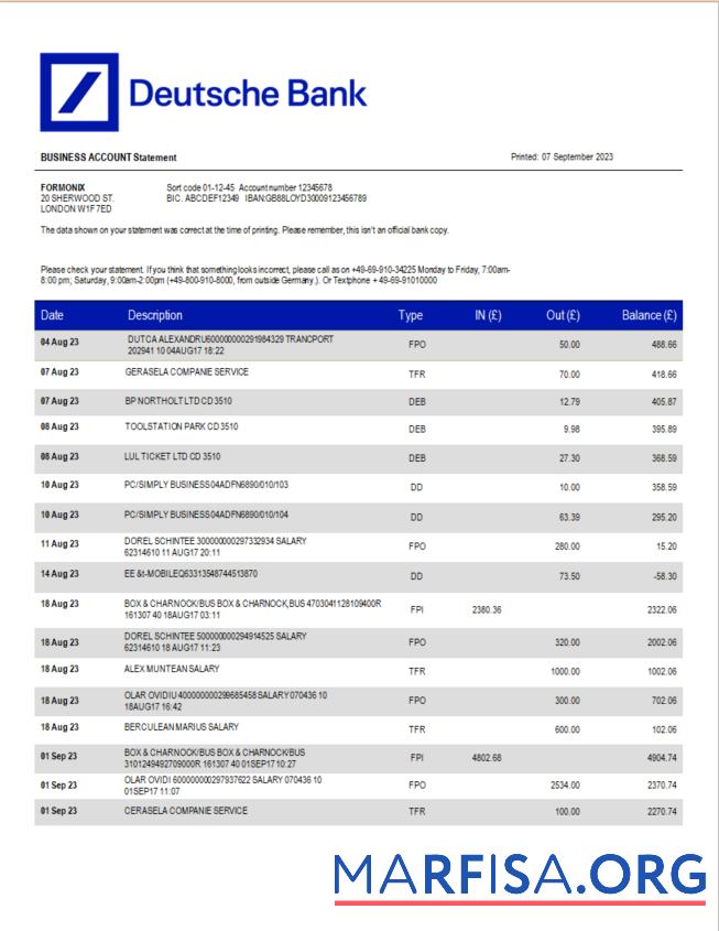 Printable Deutsche Bank corporate statement Word and PDF template